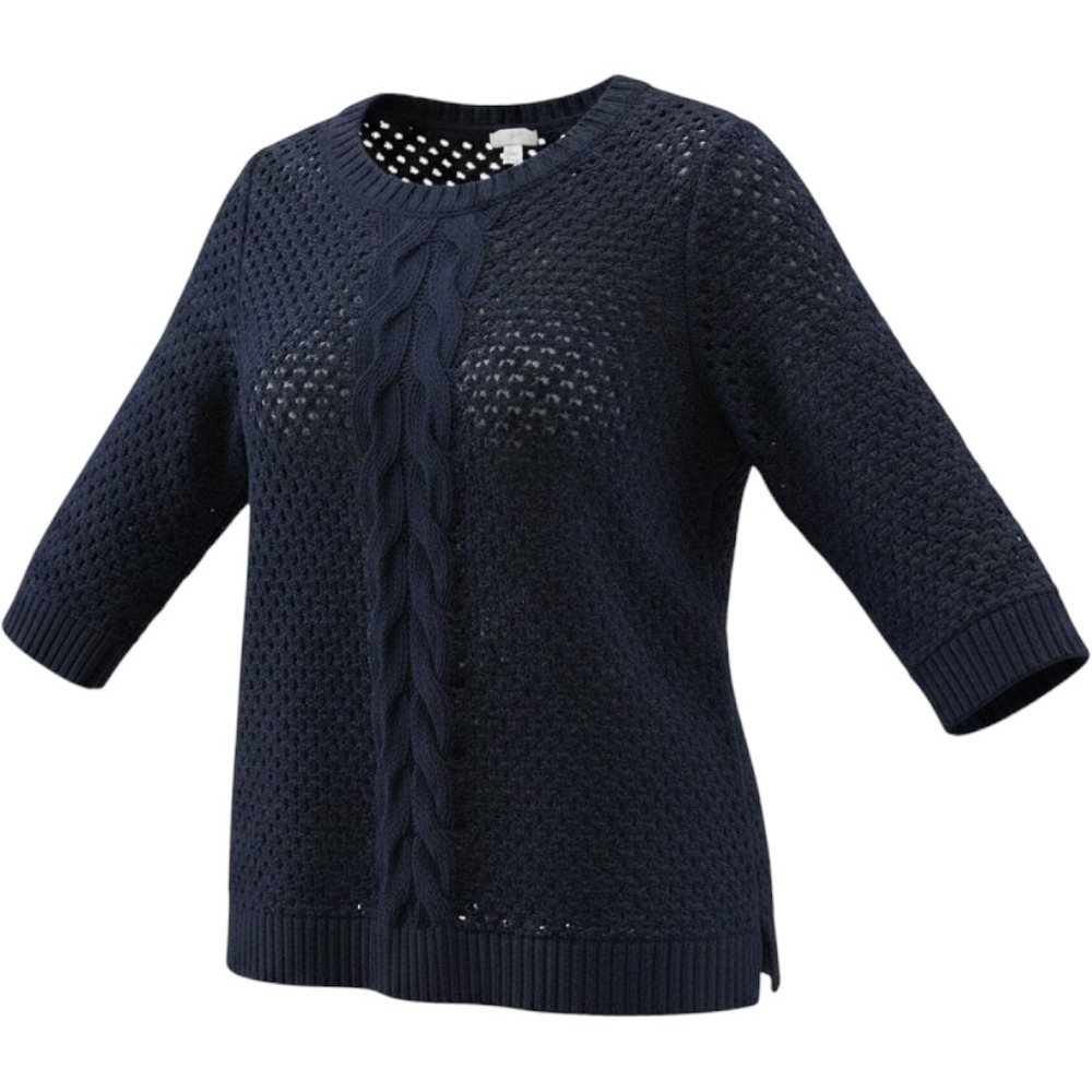J. Jill Navy Blue Open Knit Cable Knit Sweater 3/4 Sleeve Large Nautical Coastal